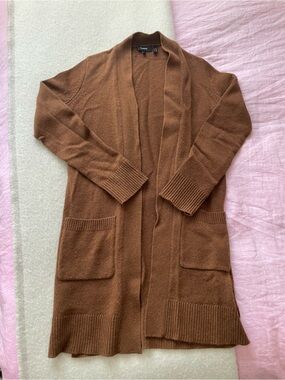 Theory Cashmere Long Open-Front Cardigan in Chestnut Brown